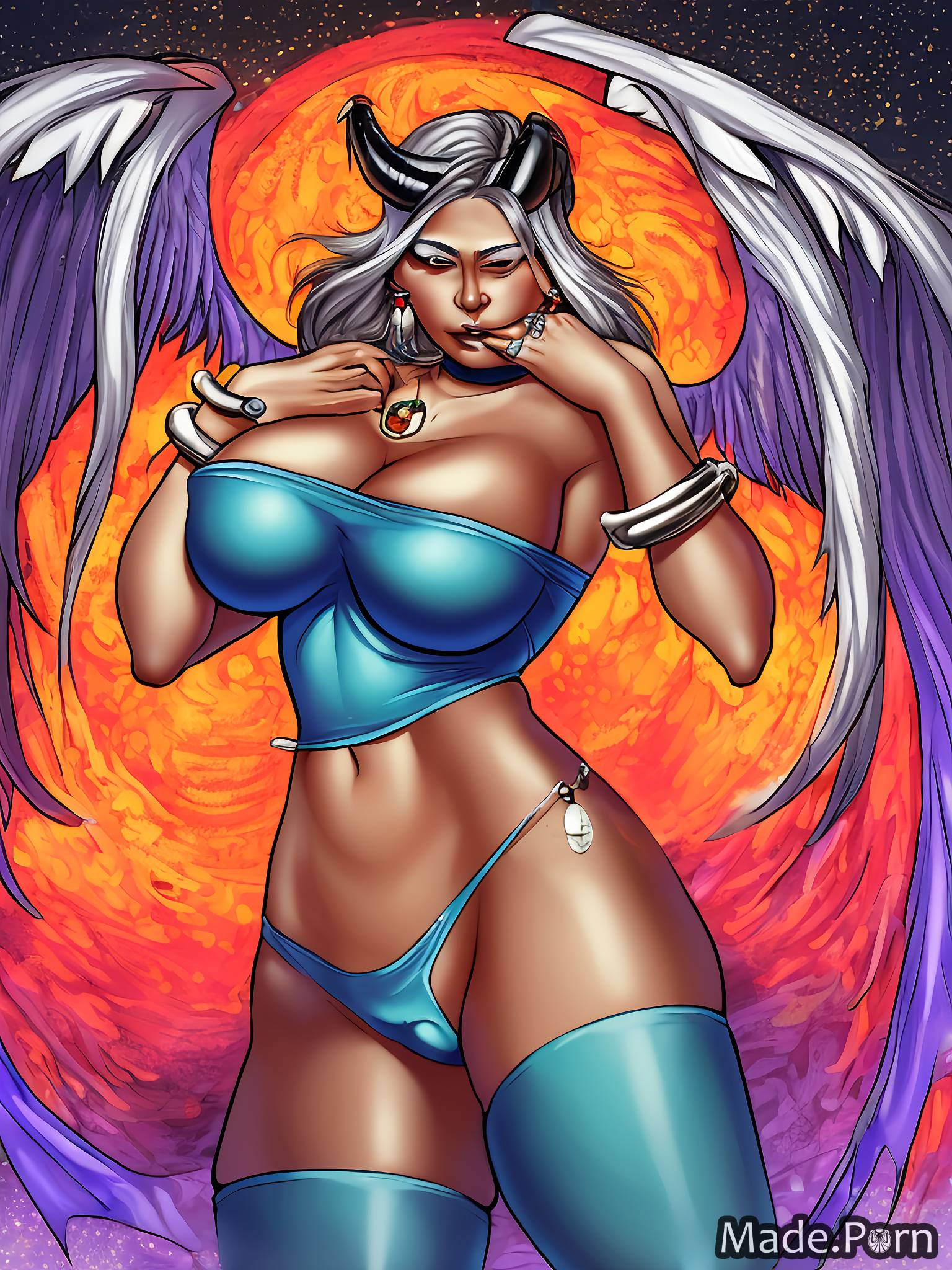 tanned skin demon wings nipples perfect boobs athlete silver white hair